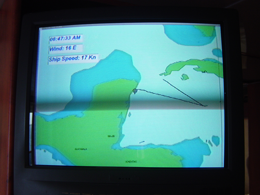 Display showing ship route from Grand Cayman to Cozumel