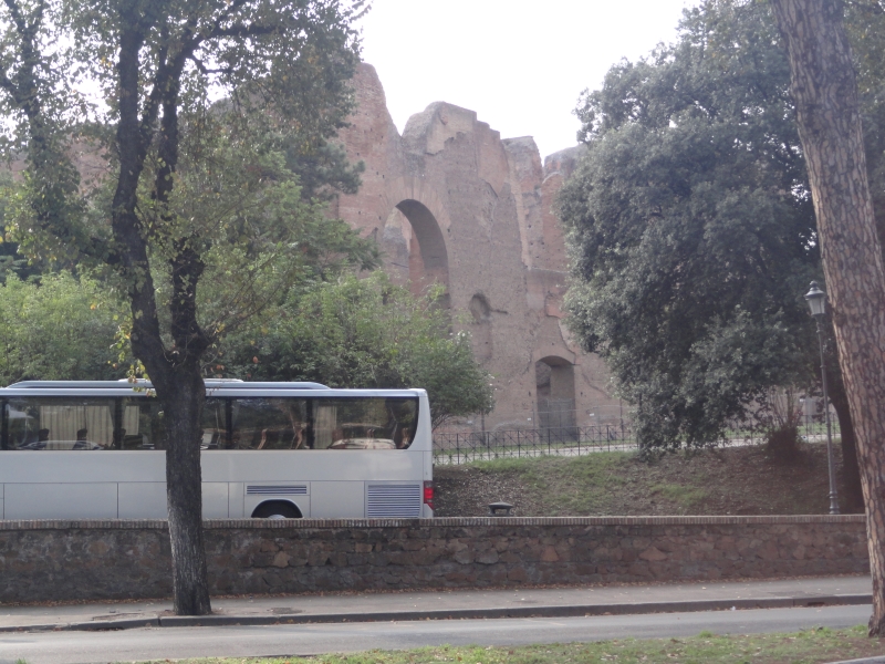 The ruins of ancient red stone walls stand behind a fence between bushy green trees