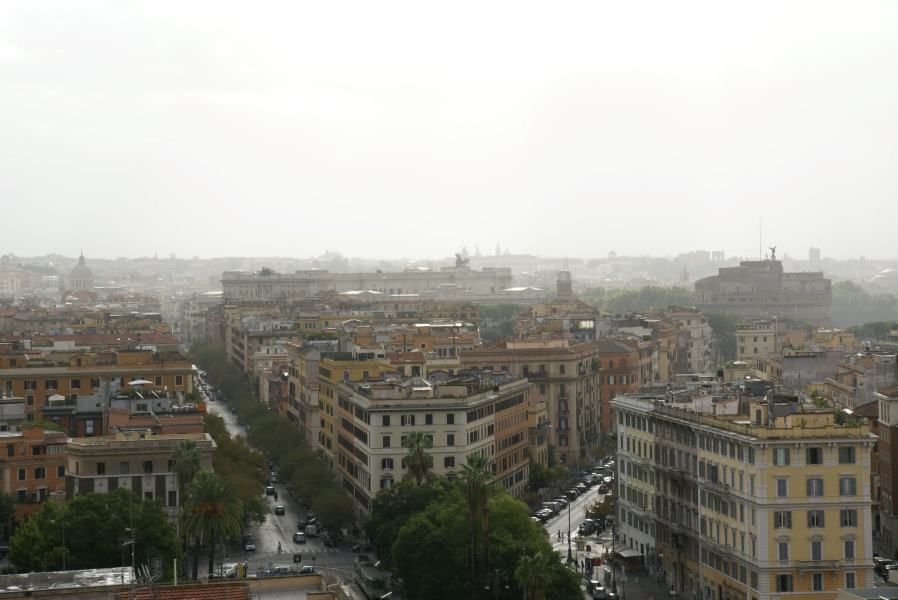 White haze settles over a skyline of six-story buildings along tree lined streets with the occasion statue capped dome jutting into the sky
