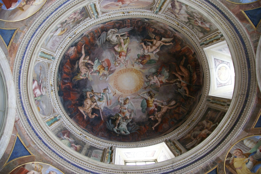 Windows are worked into the design of painted panels around the wall supporting an ovoid dome with a fresco of angels slaying various demons