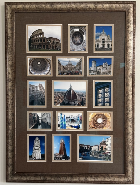 A frame surrounds 15 photos in two colored-mats showing images from Rome, Florence, and Venice