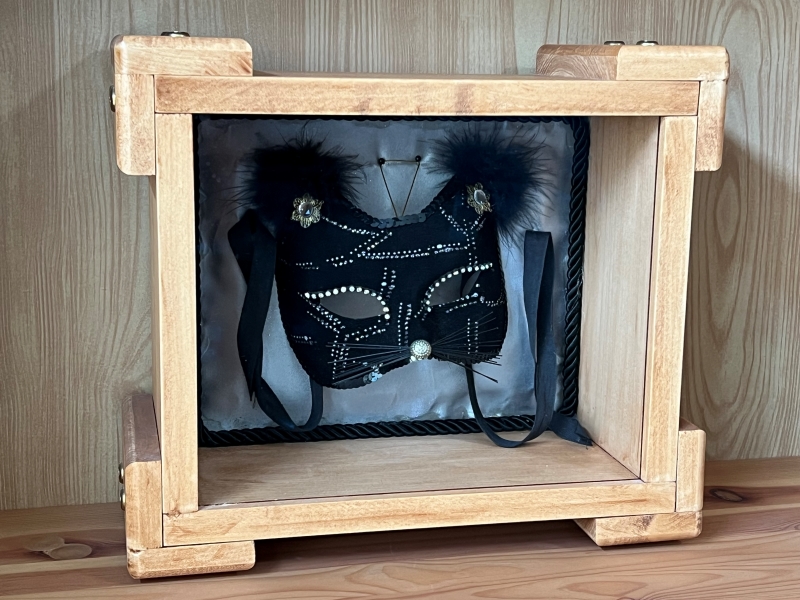 A mask shaped like a cat’s face with gold and clear rhinestones and black fuzz hangs behind glass in a wooden box display