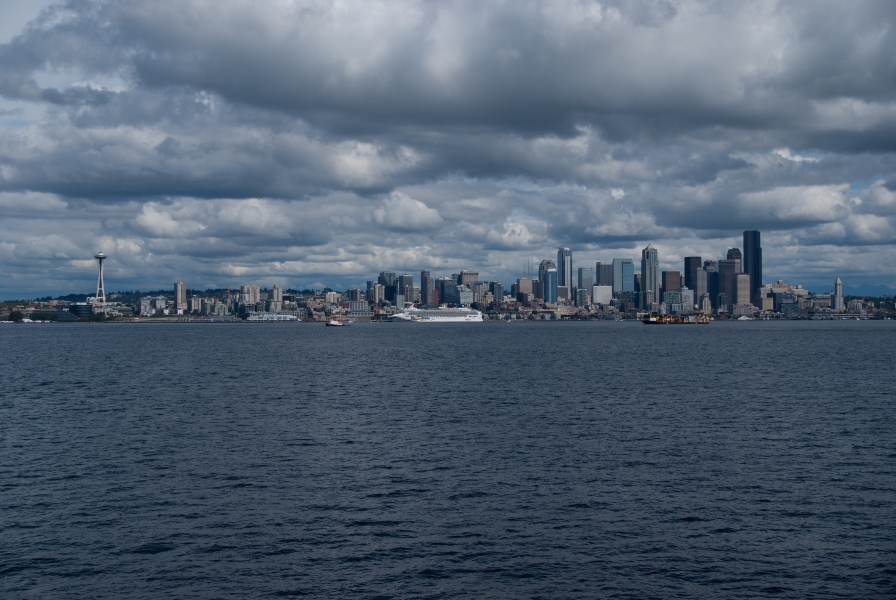 A skyline filled with skyscrapers sets on low hills running into a large water way where cruise ships and cargo containers are dwarfed by the backdrop