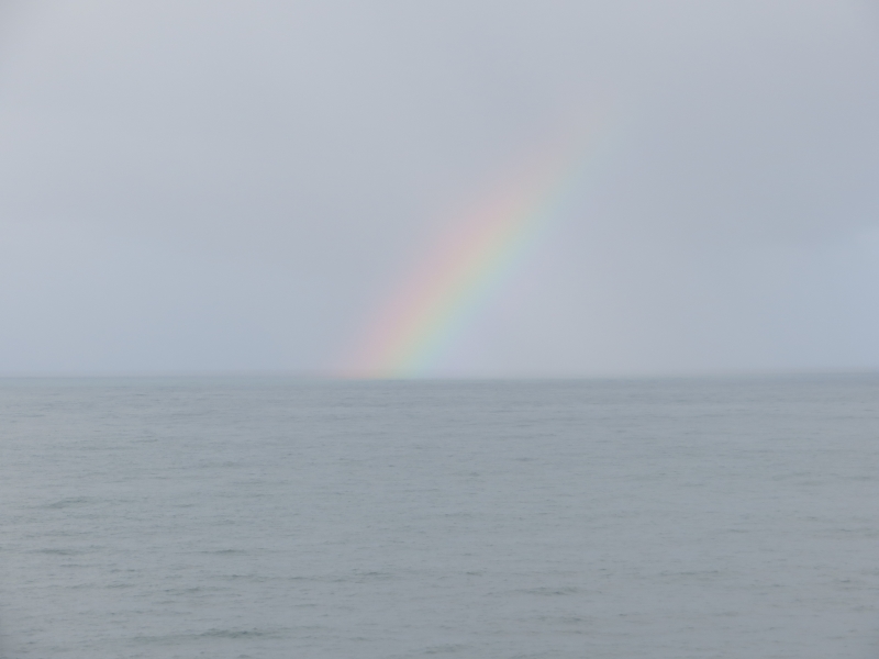 A rainbow emerges from the water in what looks like a wall of mist