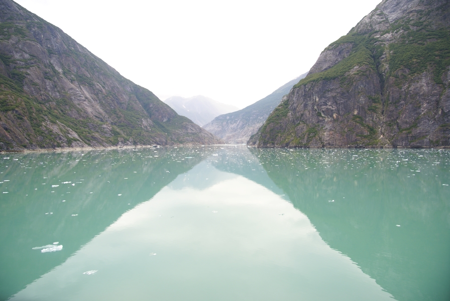 Still waters weave around large stone cliffs with green moss hanging to the sides