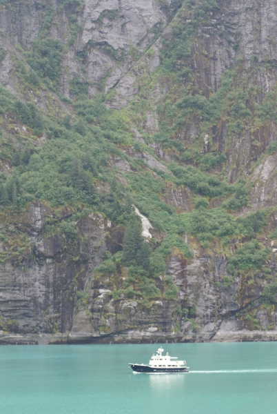 A dark blue hulled tour boat with two levels of white super structure moves through still greenish-blue water dwarfed by the stone walls of the fjord