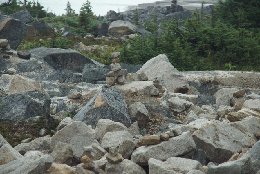 Stacks of small stones set on larger boulders interspersed by stubby pine trees in a cold, windblown area creating an unwelcoming feeling