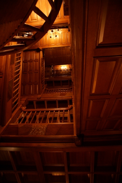 Richly stained wood paneling, spindle railings, and covered ceilings surround the opening for a stair going up to three levels above the camera