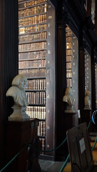 Bright white busts of famous authors stand at the end of dook wood shleves filled with manuscripts