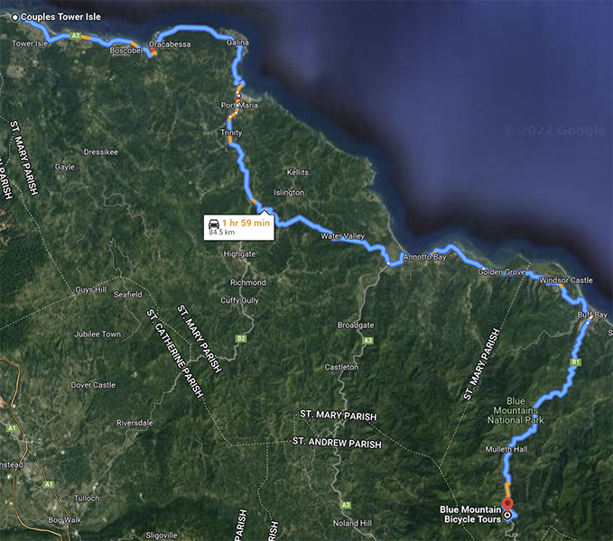 Map showing route from resort to Blue Mountain Tour station