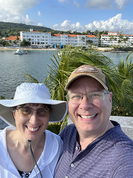 James and Julie with the main resort building behind them taken from atop the tower on Sapphire Island