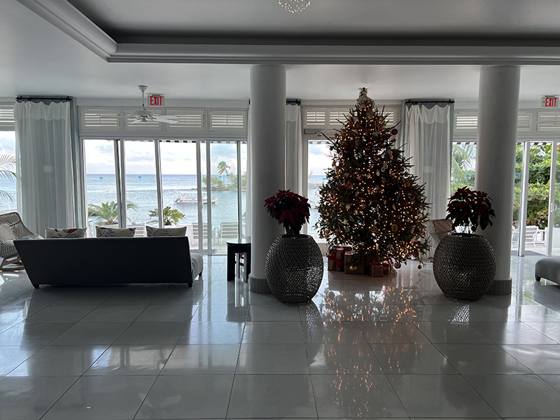 Christmas tree in the resort lobby with windows overlooking the ocean with a small island in the distance