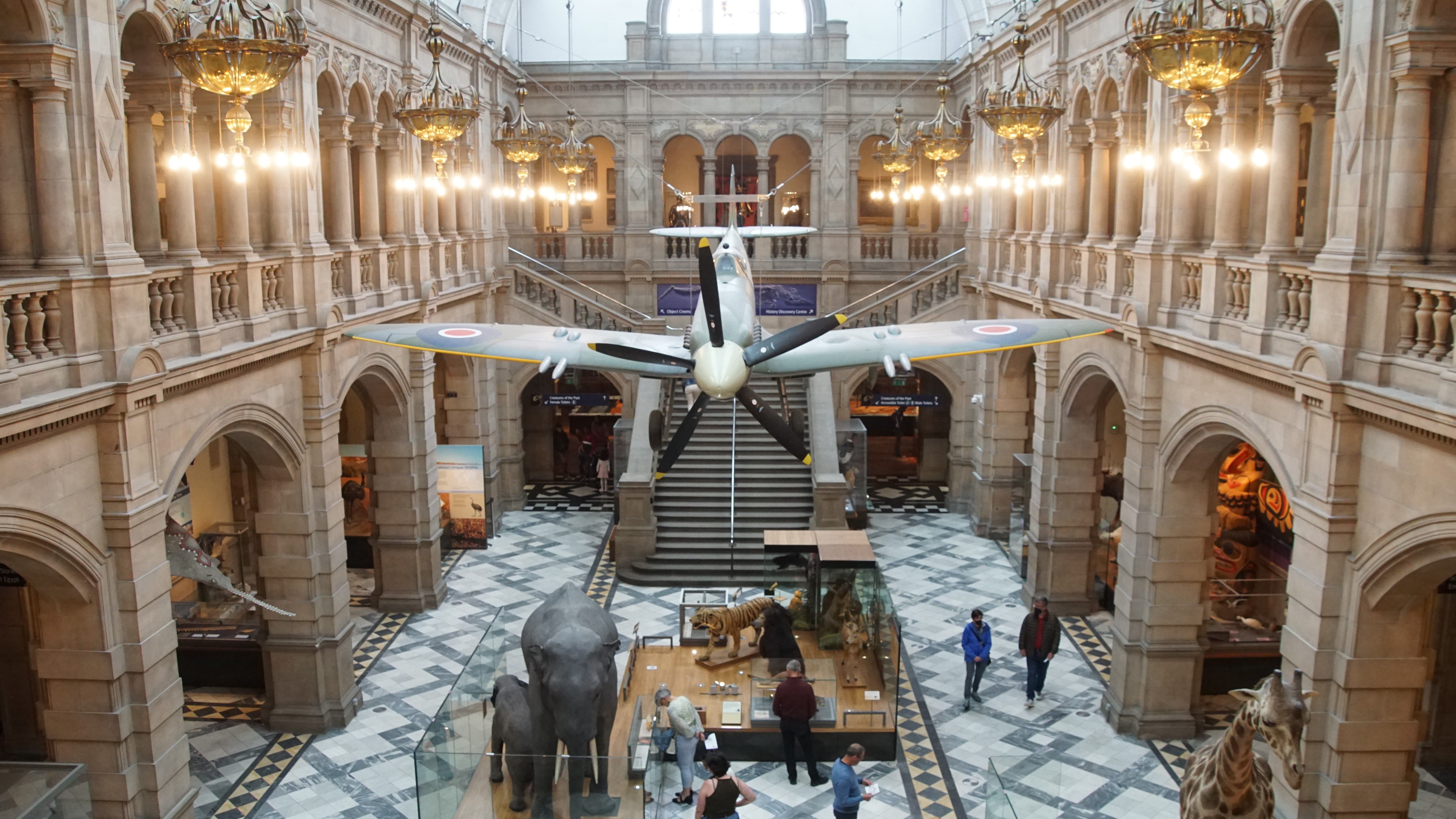 Airplane hanging from ceiling of two story hall over animal displays