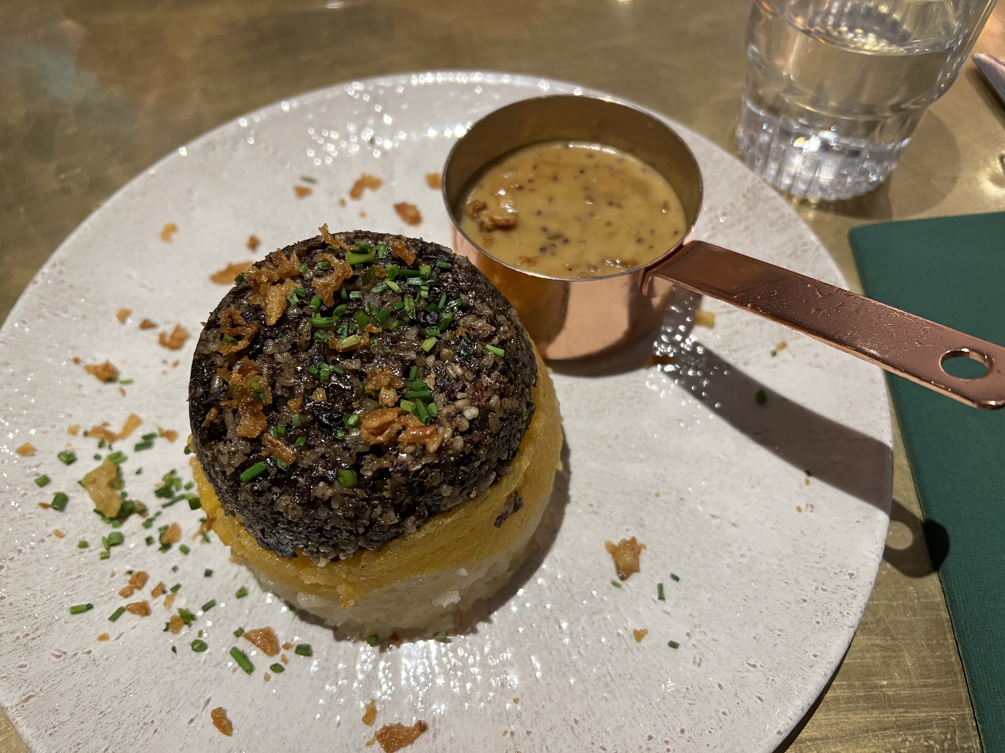 Plate with dark crumbly meat on a bed of mashed turnips and potatoes with a cub of mustard colored sauce