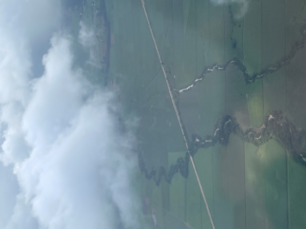 Puffy clouds hang above green fields as seen from an airplane window