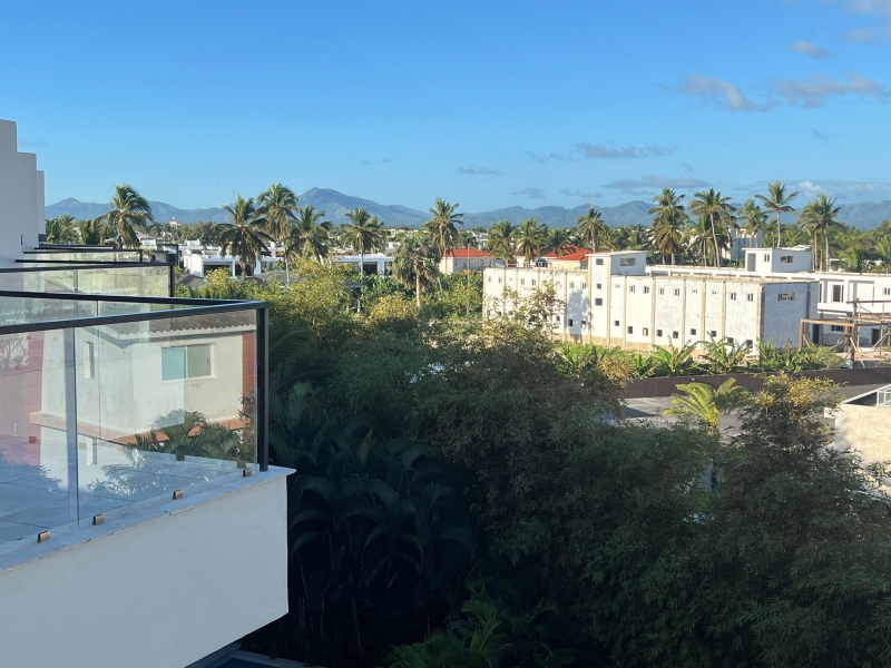 Gray mountains in the distance on the horizon beyond palm trees and resort buildings