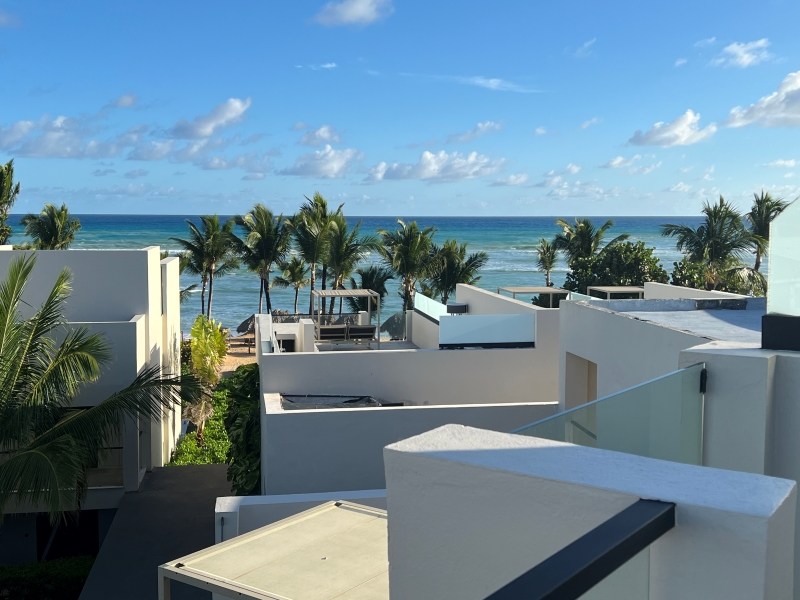 White buildings step down to palm trees lining a beach with deep blue water and water capped waves