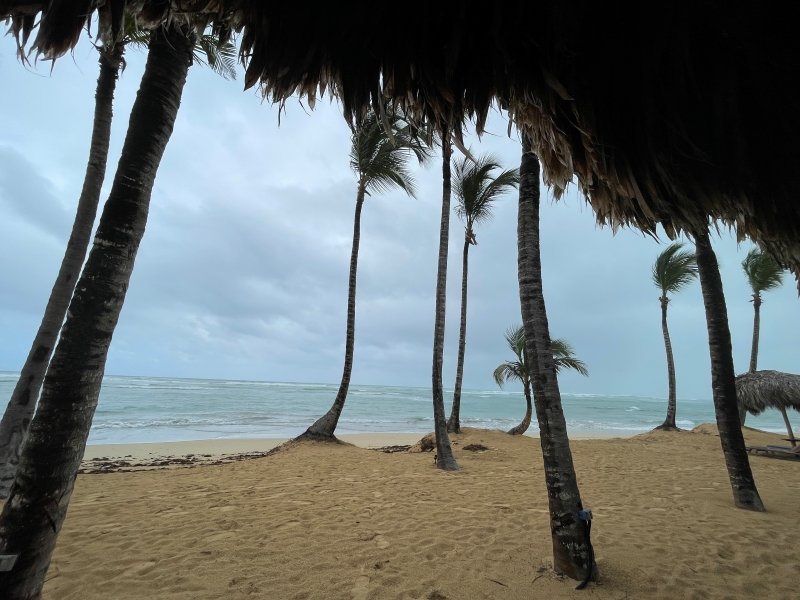 Dark gray clouds race across the sky above rough water crashing onto a sandy beach