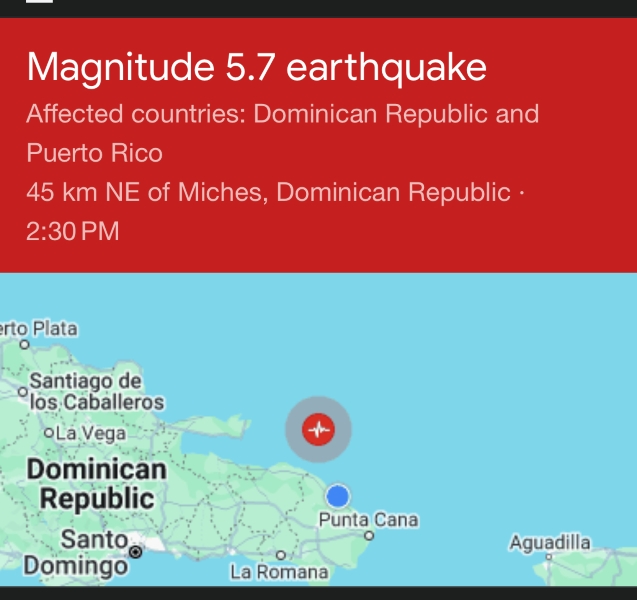 A screen capture from a website of an earthquake notice showing where the epicenter of the quake we felt was located relative to the cost and our location