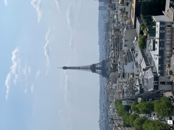 A metal framed tower extends above the city into the sky