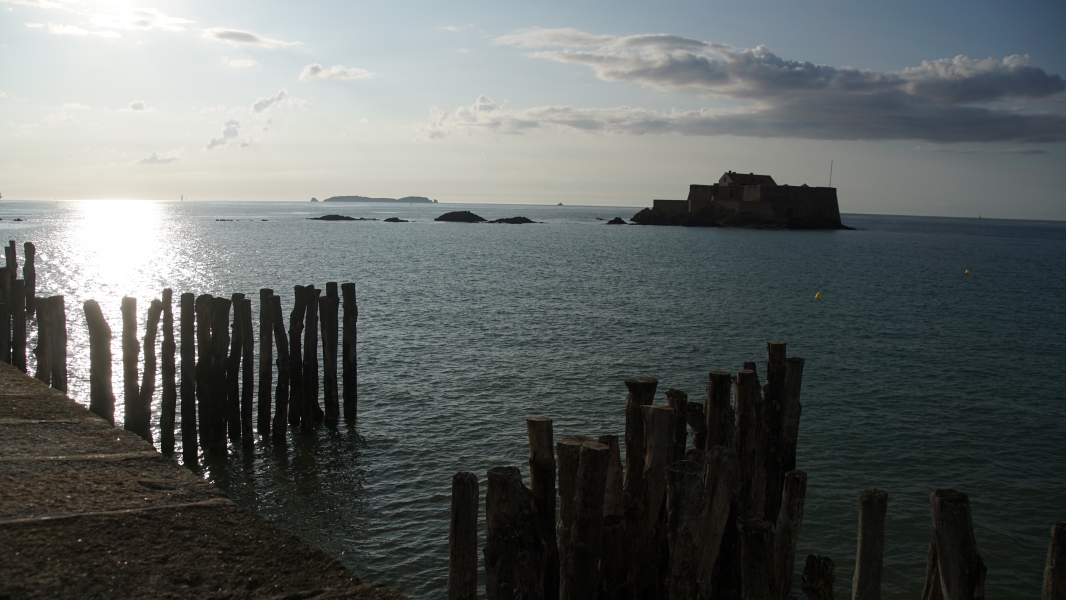 Tall, trimmed tree trunks extend out of the water and a few stone peaks extend above the water where the connection to fort has been covered with water