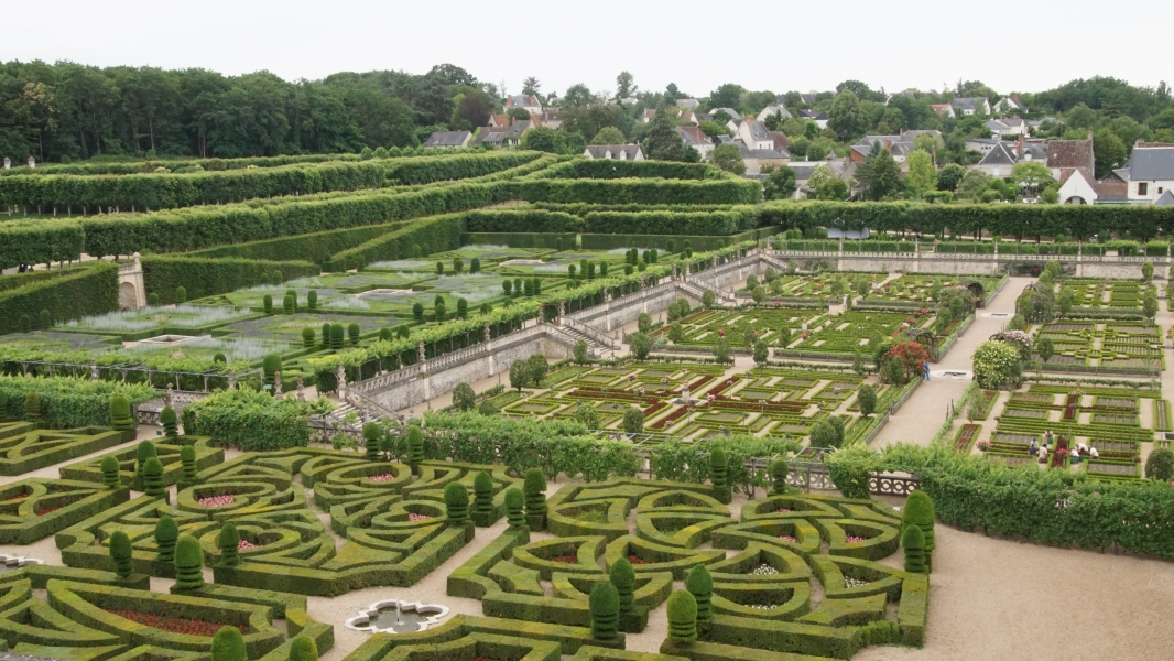 Various patterns mark out zones in formal gardens on several terraced levels