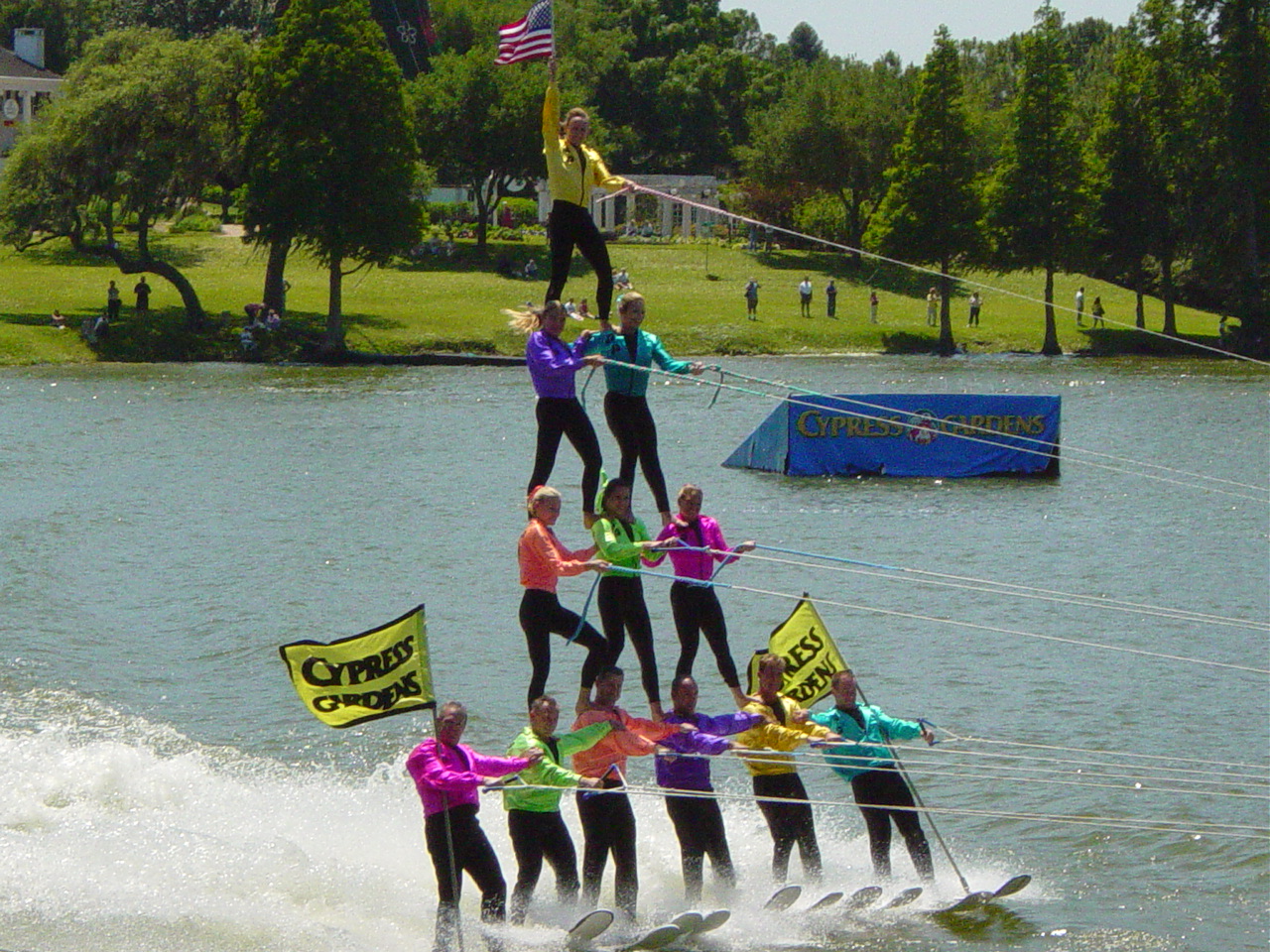 Water skiers form a four-tier pyramid