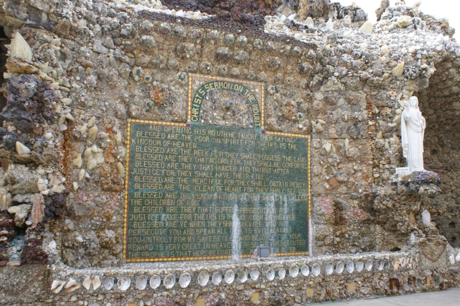 A mosaic wall piece contains the text from the Bible for the Sermon on the Mount
