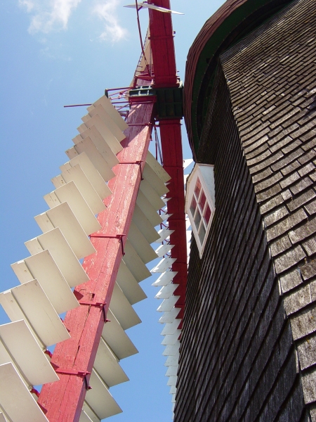 Long red arms with white fins create the larger blades of a windmill covered in gray shingles