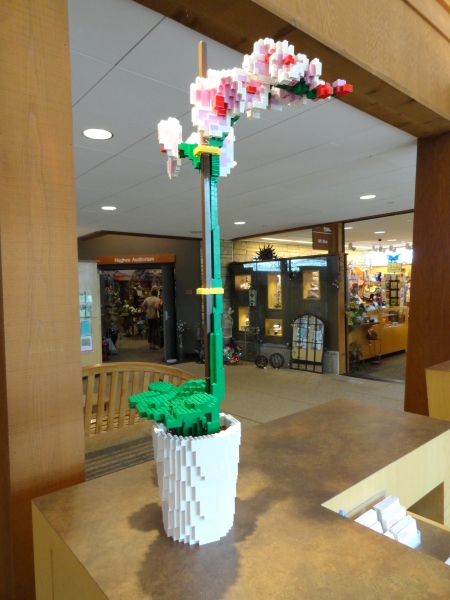 A white pot has a tall green stem with pink and white blooms at the end all made from LEGO bricks sets on a wooden counter
