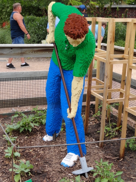 A life-size LEGO model of a man wearing green shirt and blue pants using a hoe sets in the middle of a garden space with vegetable plants starting to grow around it