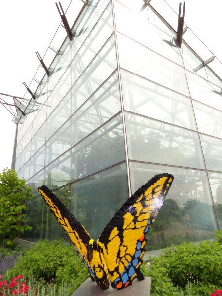 A yellow winged butterfly LEGO model is set outside a glass building enclosure